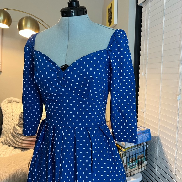 Unique Vintage + Pantone Classic Blue & White Pin Dot Lamar Swing Dress - Picture 2 of 3